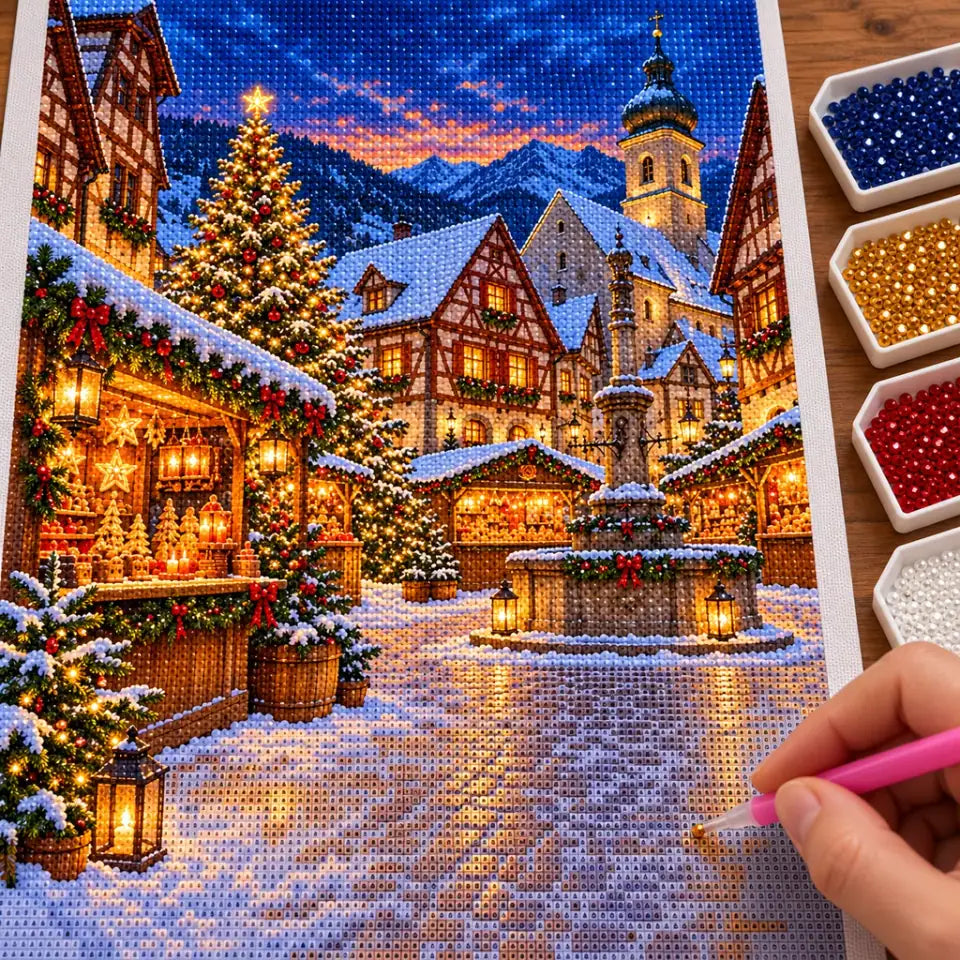Hands placing diamond drills on the Half Timber Christmas Market design.