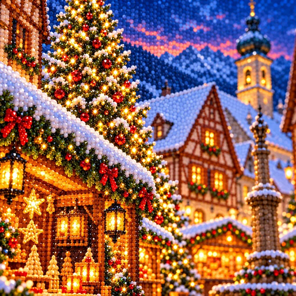 Close-up of drill details in the Half Timber Christmas Market diamond painting.