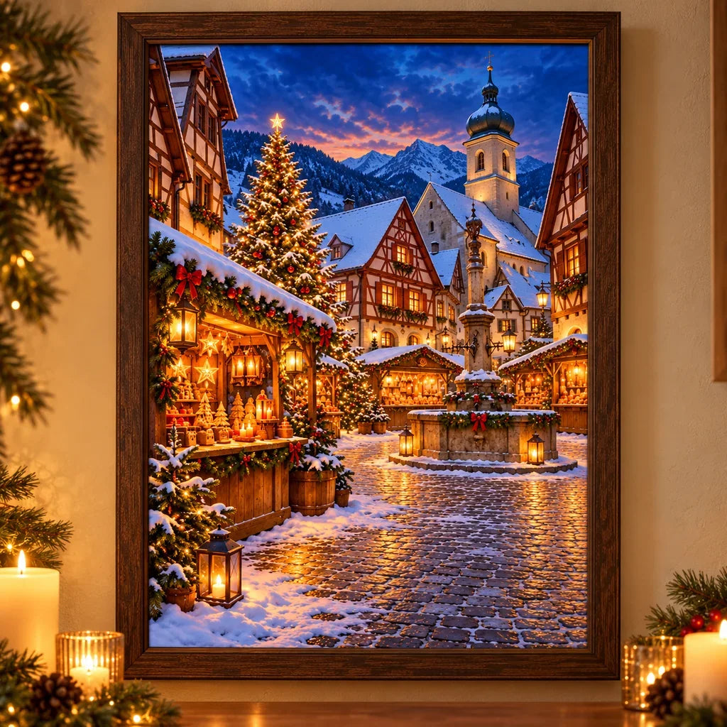 Framed Half Timber Christmas Market diamond painting displayed as home decor.