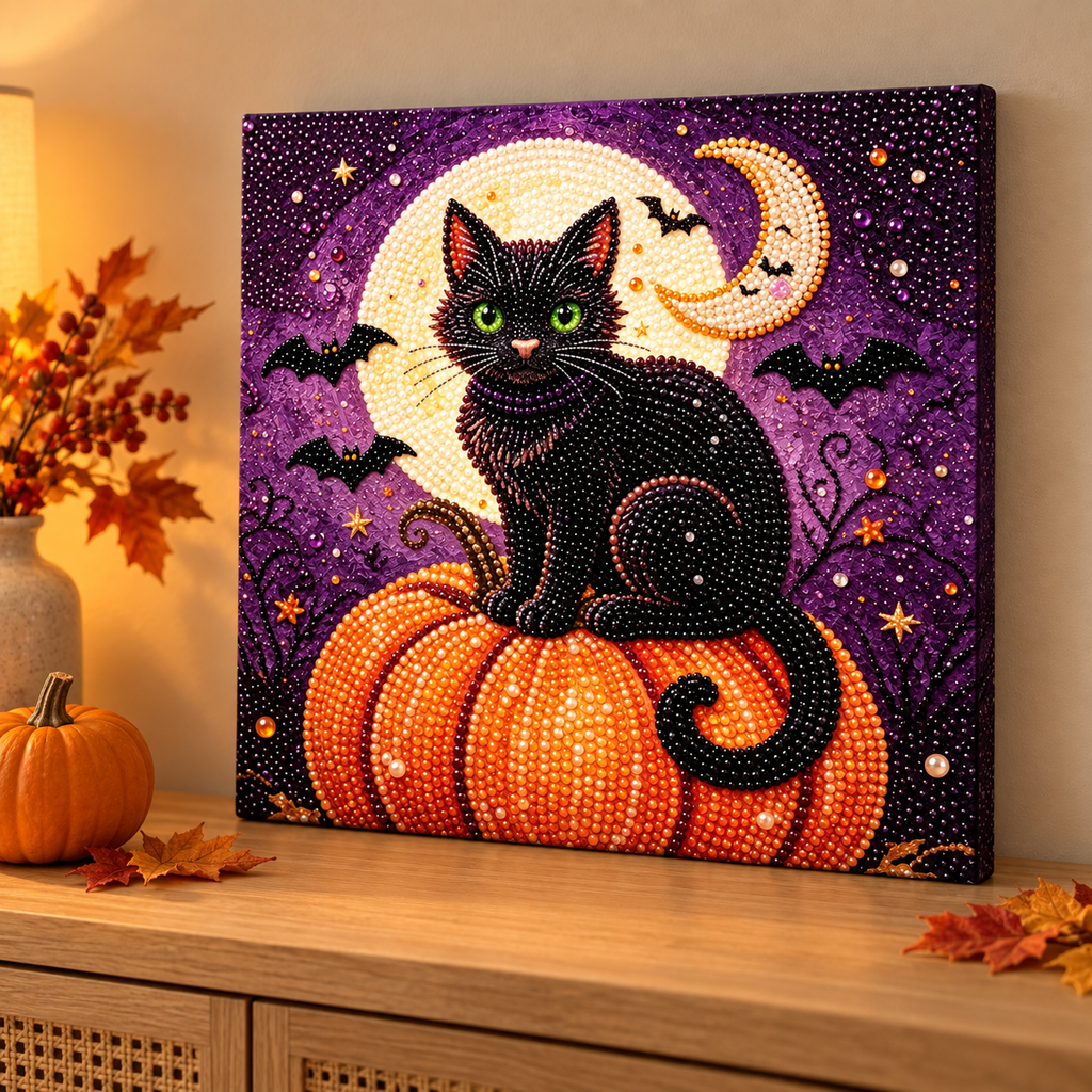 Halloween Black Cat Pumpkin Pearl Diamond Painting process