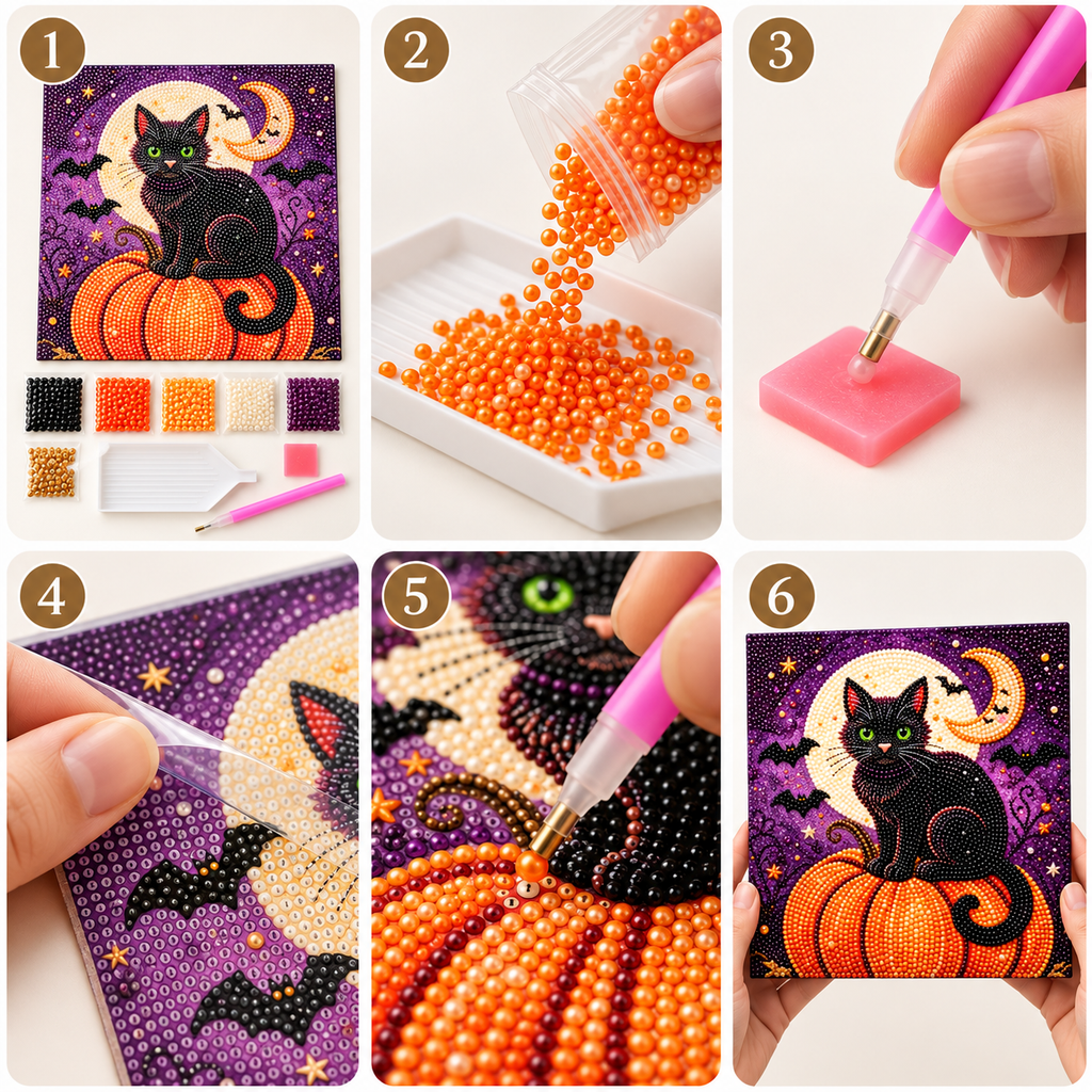 Halloween Black Cat Pumpkin Pearl Diamond Painting tutorial