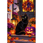 Halloween Black Cat Purple Pumpkins — original artwork on a clean white background