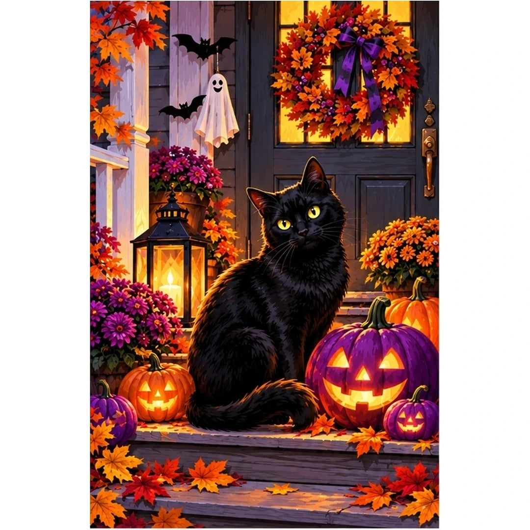 Halloween Black Cat Purple Pumpkins — original artwork on a clean white background