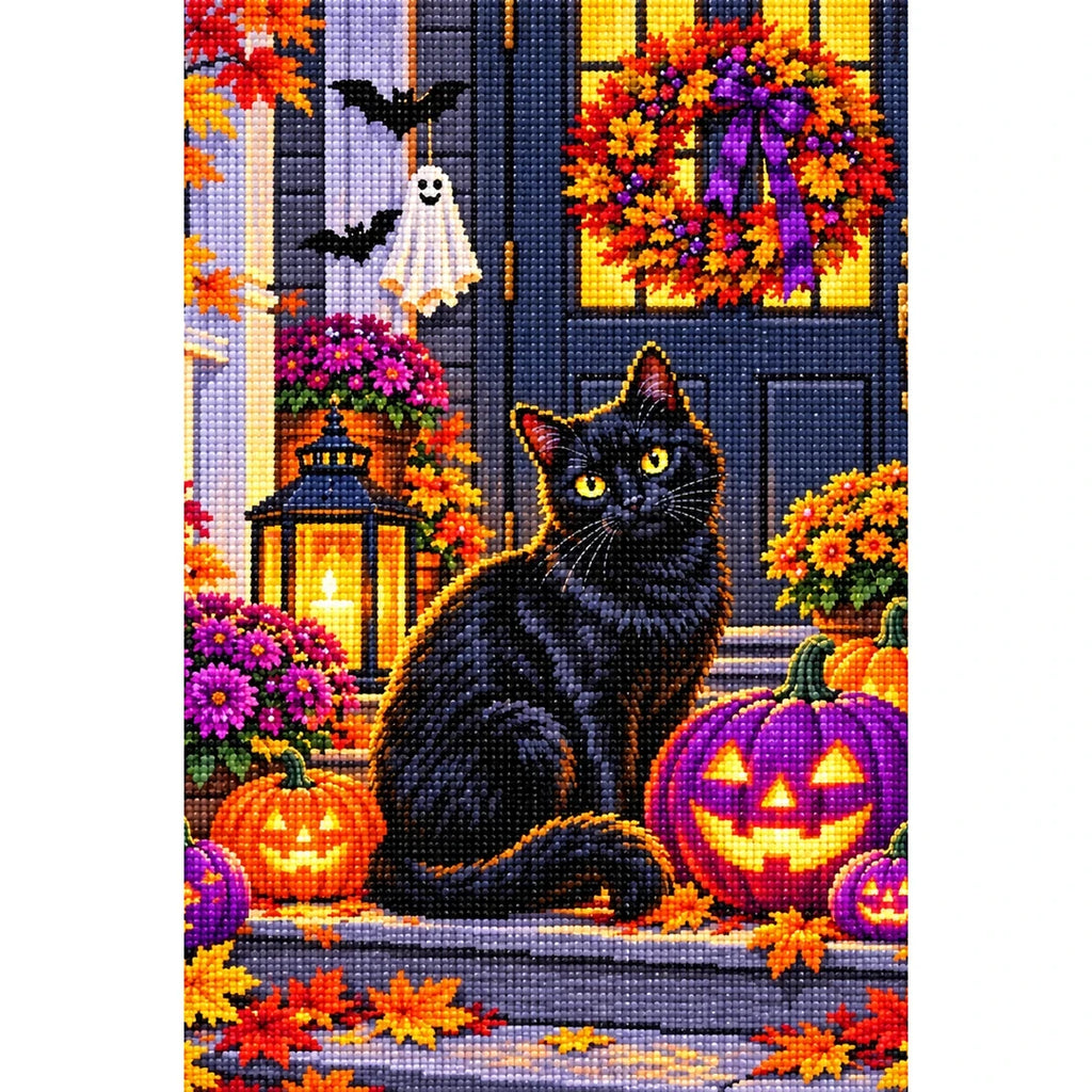 Halloween Black Cat Purple Pumpkins — finished diamond painting on a white background