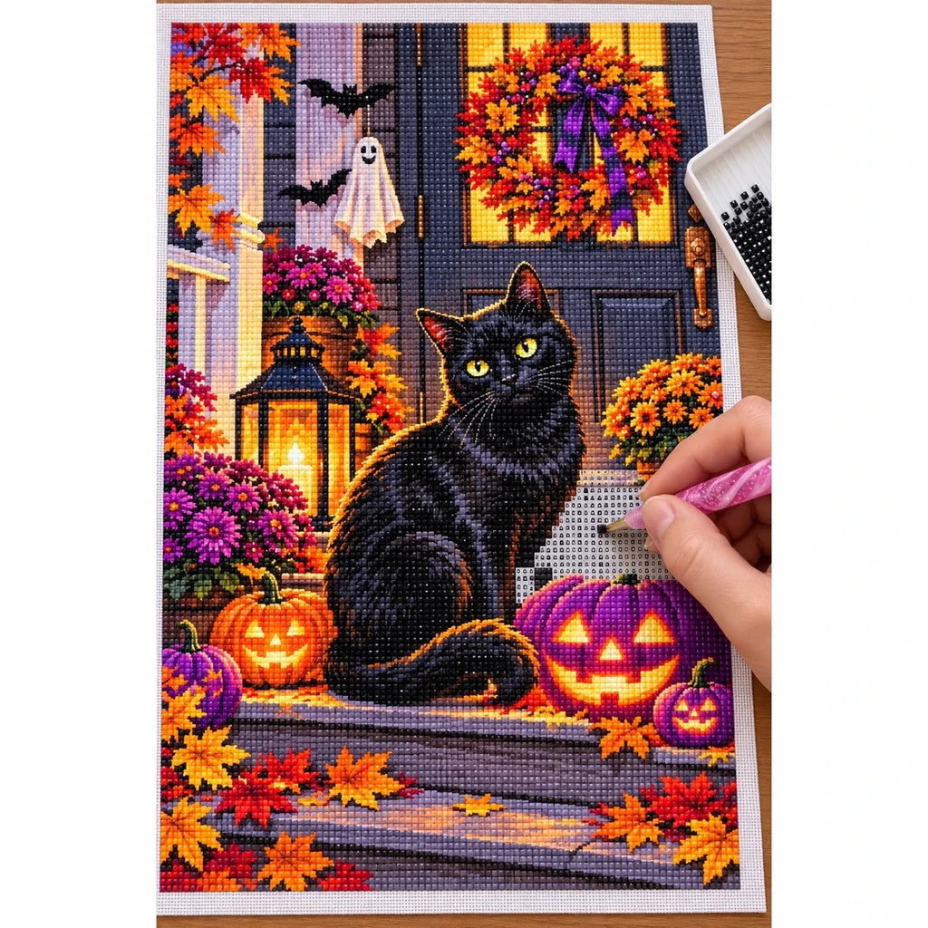 Halloween Black Cat Purple Pumpkins — diamond painting process with applicator pen