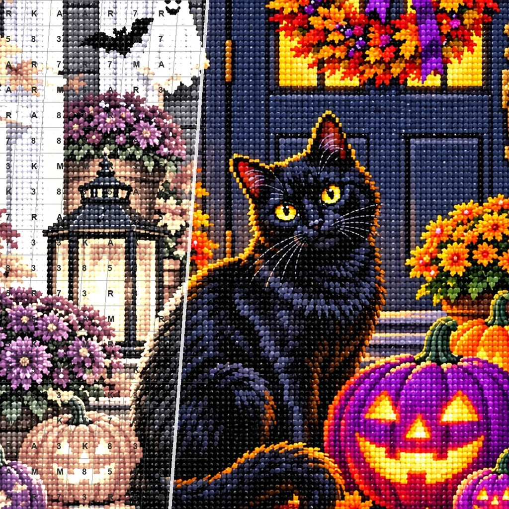 Halloween Black Cat Purple Pumpkins — close-up canvas and resin drill detail