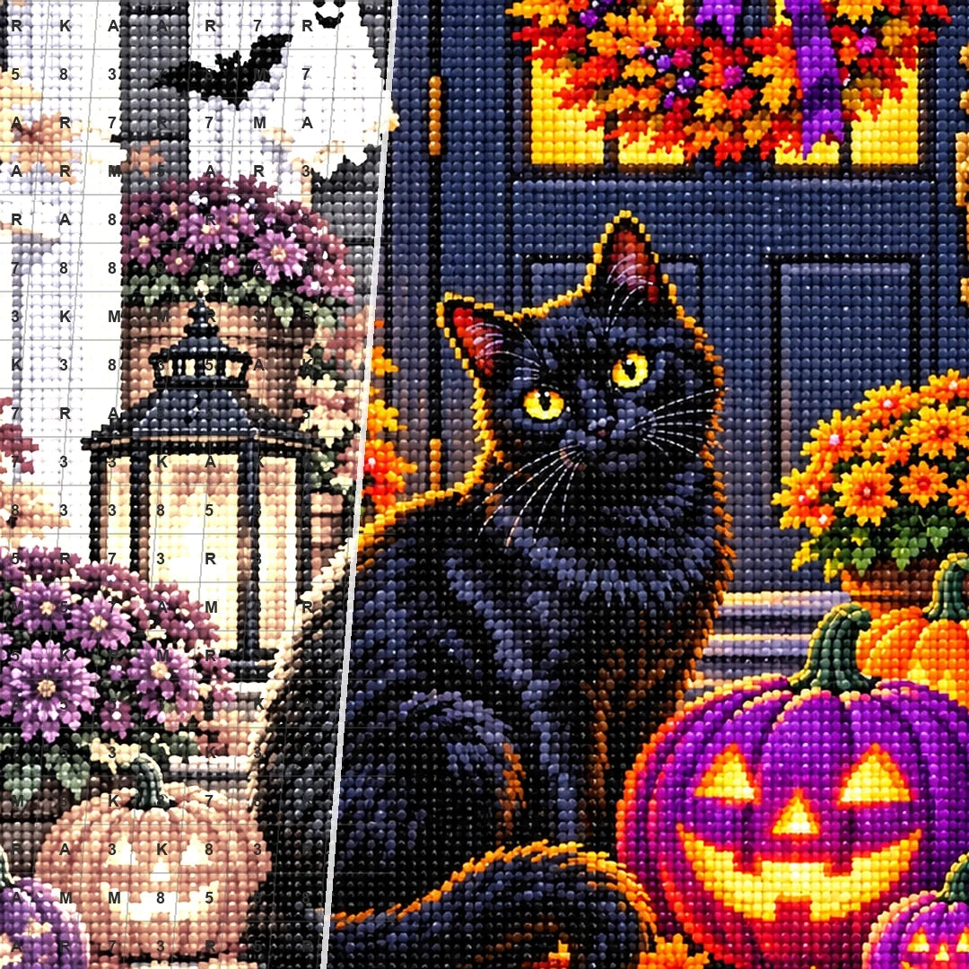 Halloween Black Cat Purple Pumpkins — close-up canvas and resin drill detail