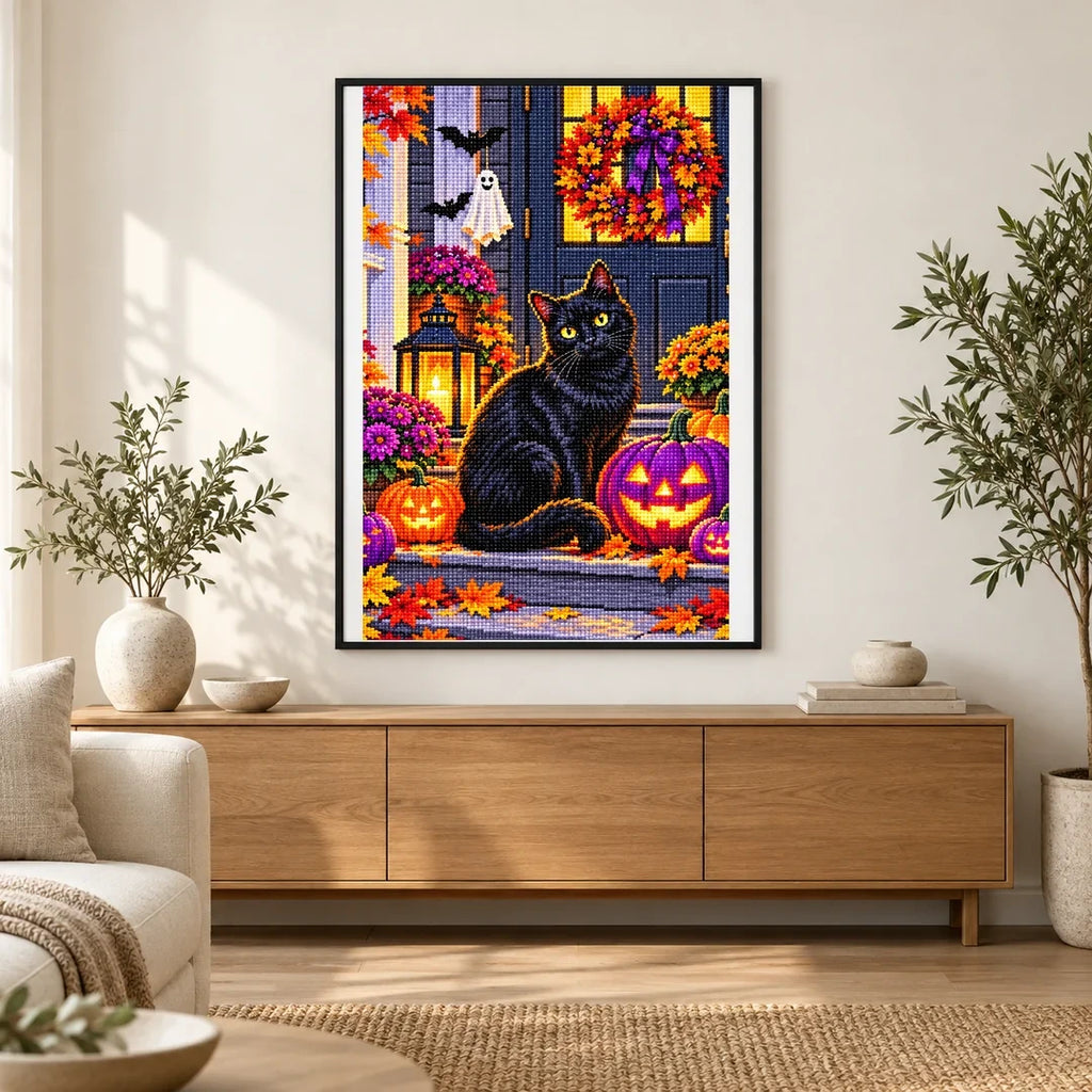 Halloween Black Cat Purple Pumpkins — finished diamond painting displayed in a home interior