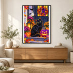 Halloween Black Cat Purple Pumpkins — finished diamond painting displayed in a home interior