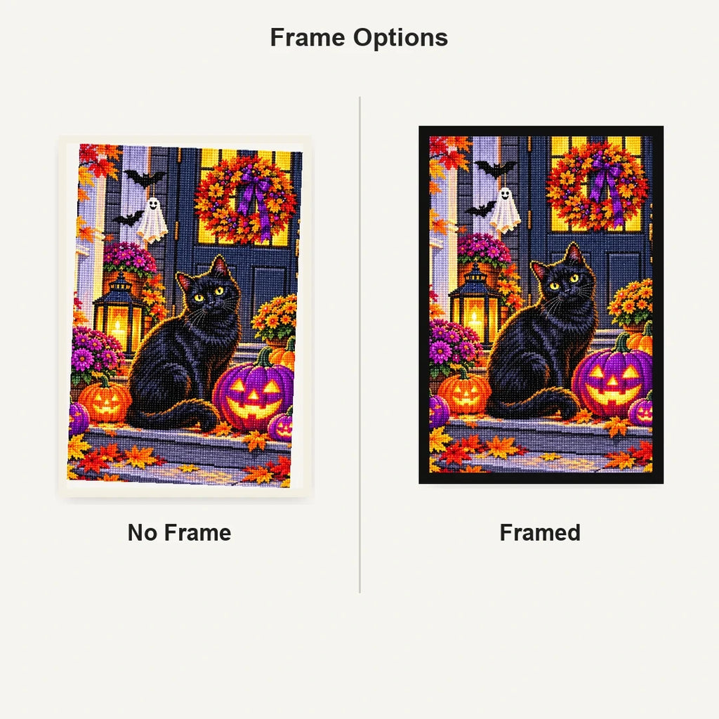 Halloween Black Cat Purple Pumpkins — No Frame and Framed style comparison