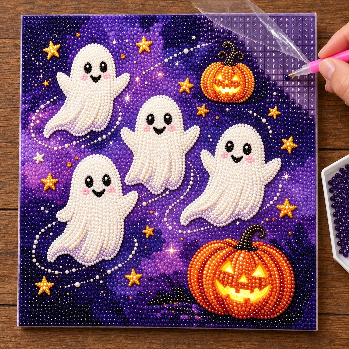 Halloween Ghosts and Pumpkins Pearl Diamond Painting process