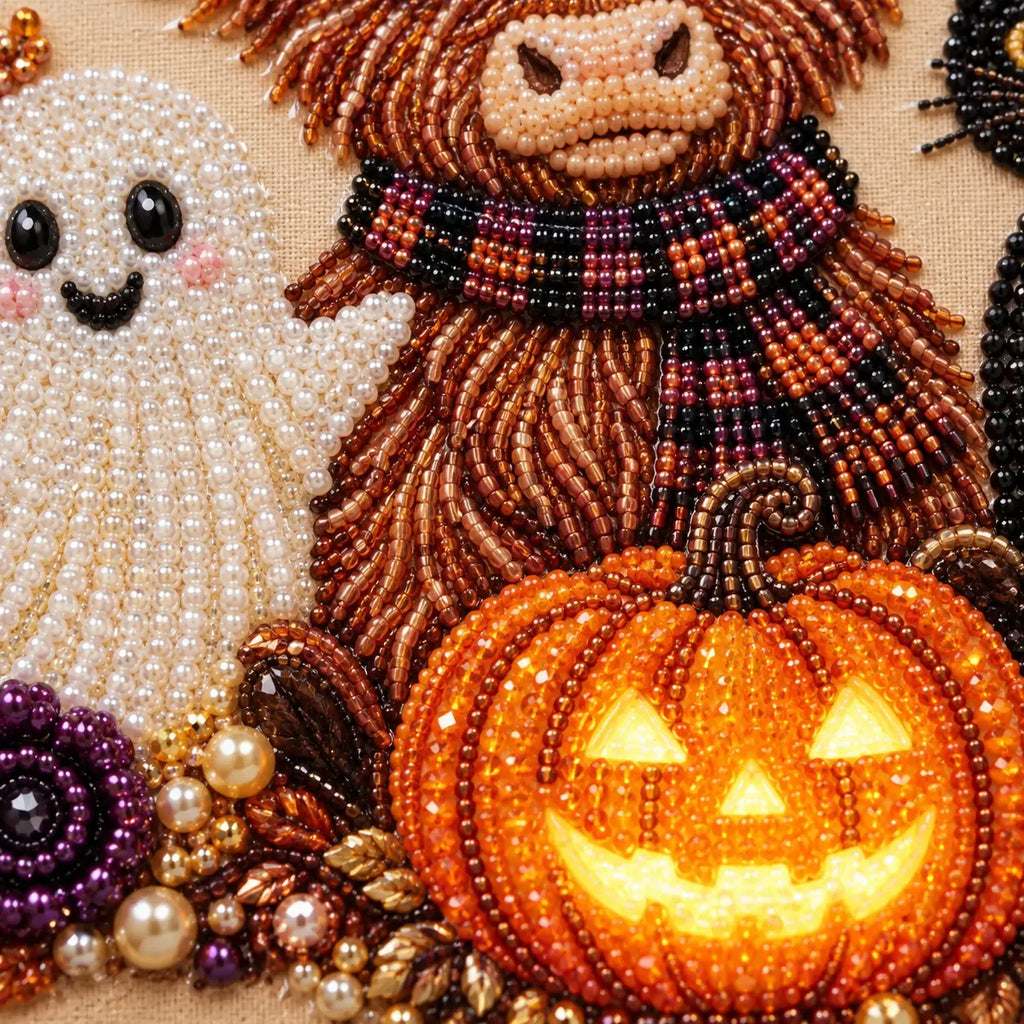 Halloween Highland Cow and Cat Pearl Diamond Painting Kit detail image