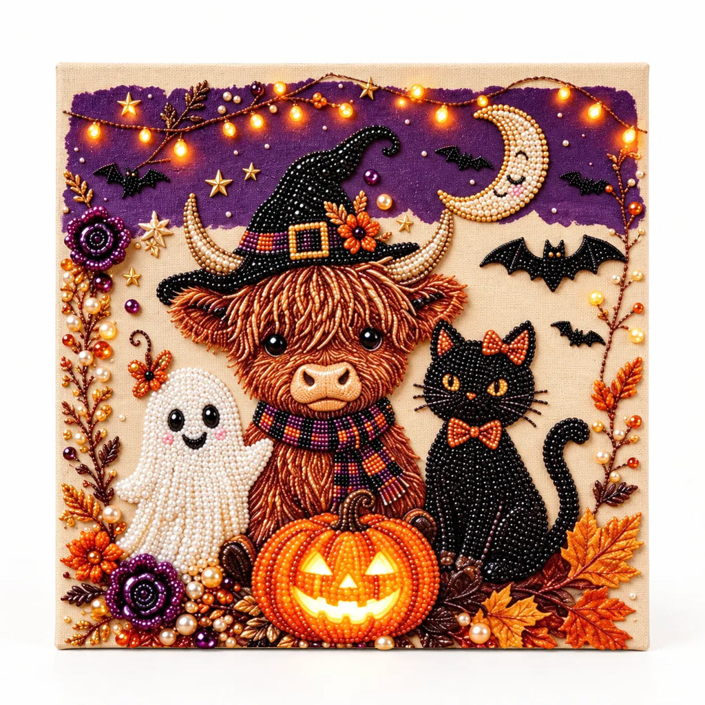 Halloween Highland Cow and Cat Pearl Diamond Painting Kit hero image