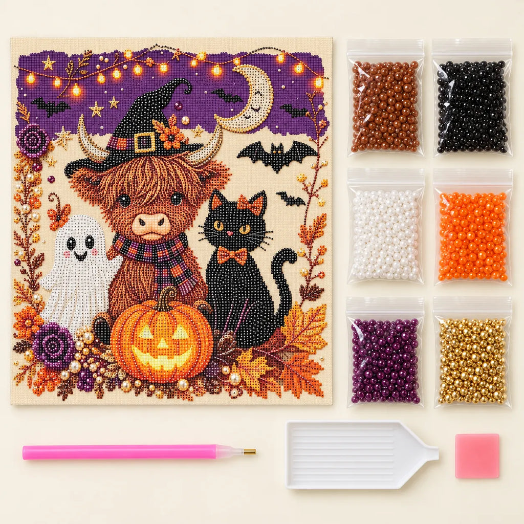 Halloween Highland Cow and Cat Pearl Diamond Painting Kit kit image