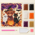 Halloween Highland Cow and Cat Pearl Diamond Painting Kit kit image