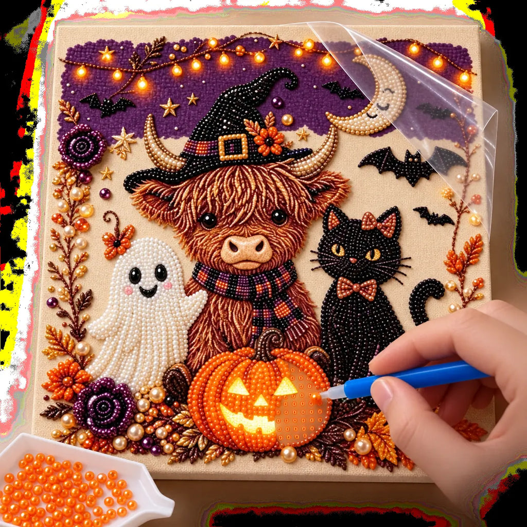 Halloween Highland Cow and Cat Pearl Diamond Painting Kit process image