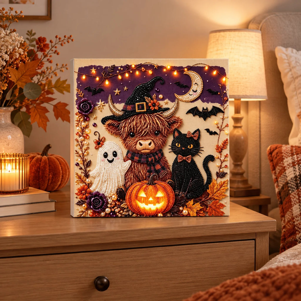 Halloween Highland Cow and Cat Pearl Diamond Painting Kit room image