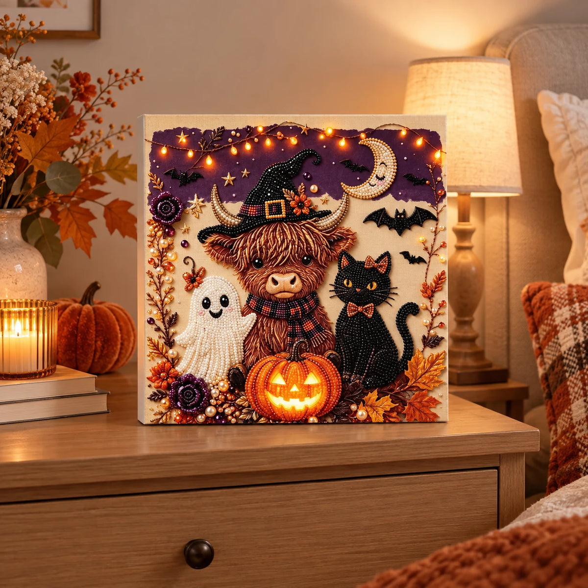 Halloween Highland Cow and Cat Pearl Diamond Painting Kit room image