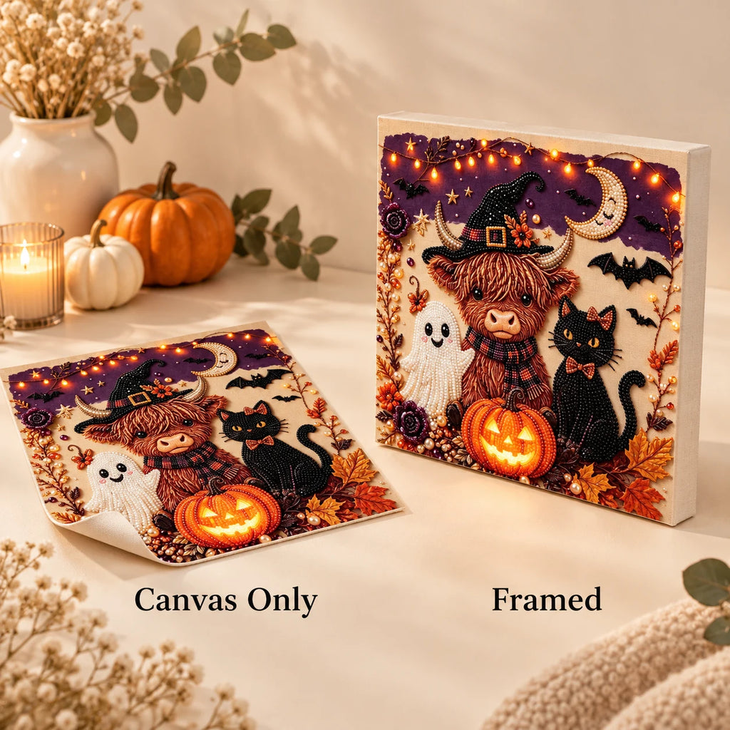 Halloween Highland Cow and Cat Pearl Diamond Painting Kit style image