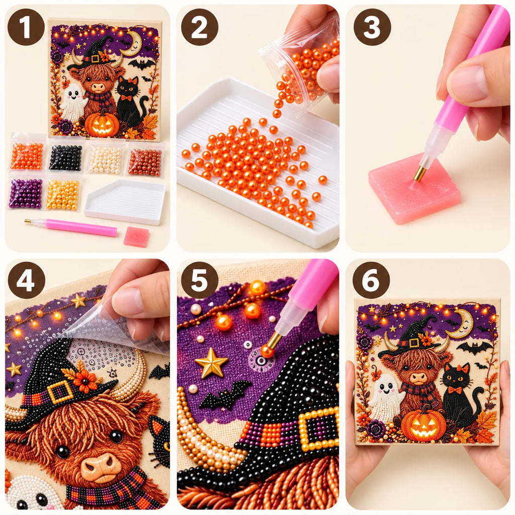 Halloween Highland Cow and Cat Pearl Diamond Painting Kit tutorial image
