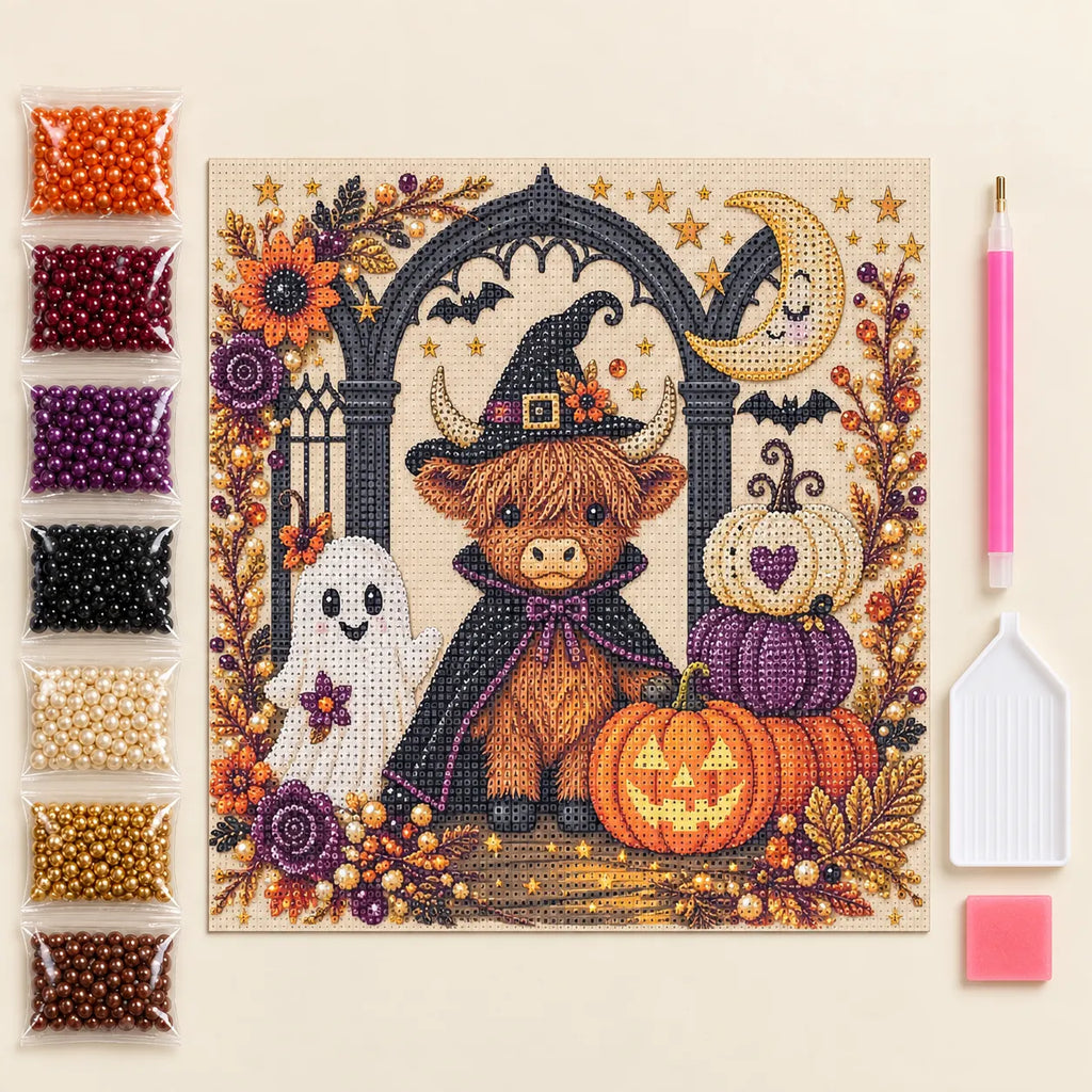 Halloween Highland Cow Gothic Arch Pearl Diamond Painting Kit kit image