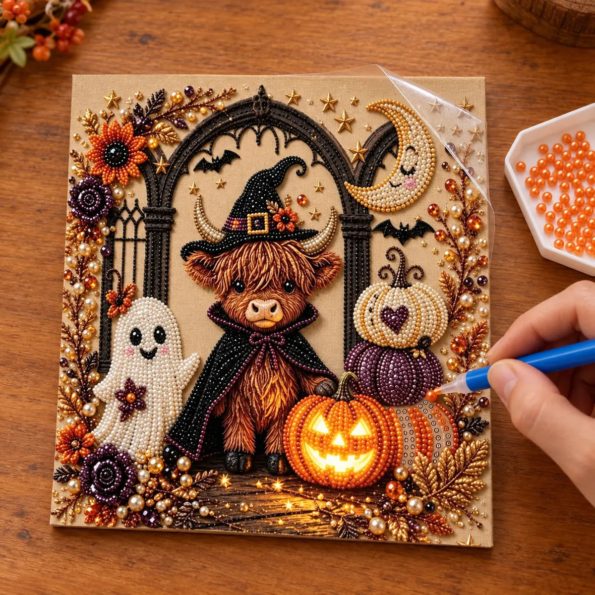 Halloween Highland Cow Gothic Arch Pearl Diamond Painting Kit process image
