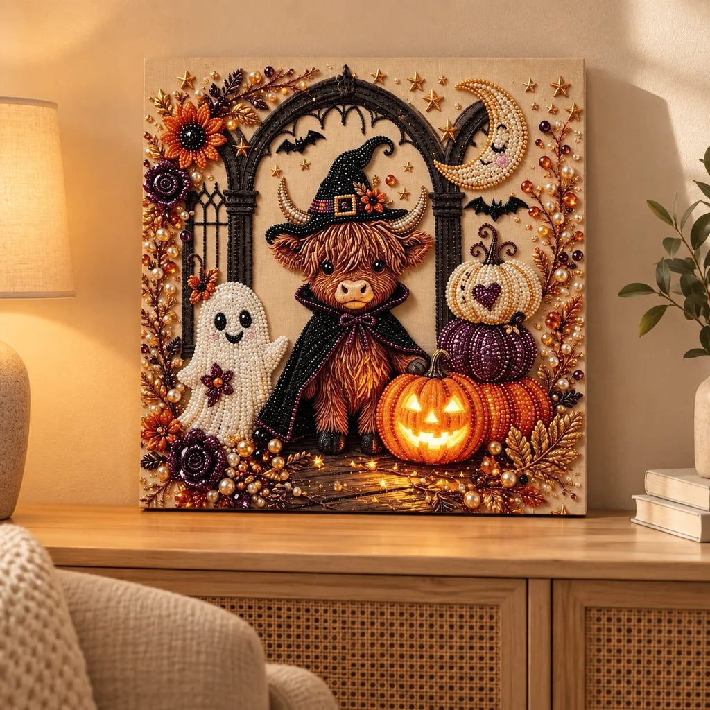 Halloween Highland Cow Gothic Arch Pearl Diamond Painting Kit room image