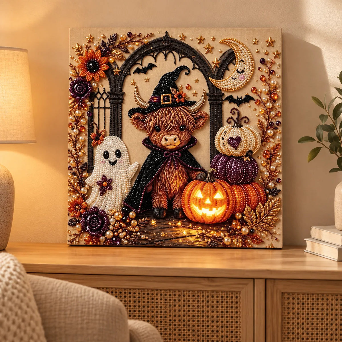 Halloween Highland Cow Gothic Arch Pearl Diamond Painting Kit room image