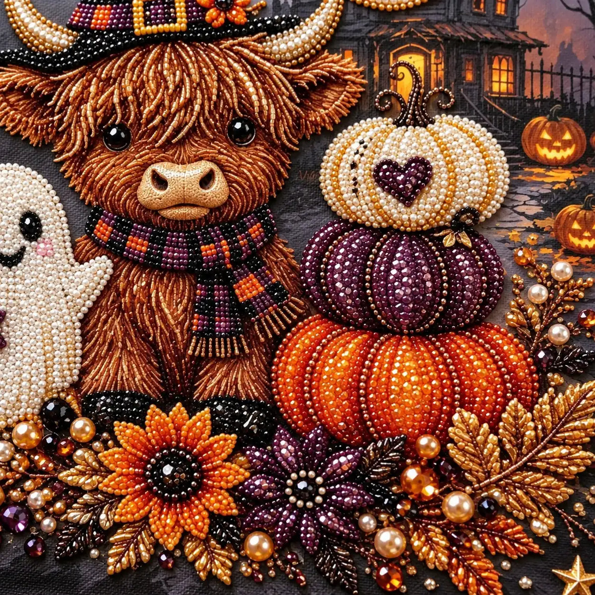 Halloween Highland Cow Haunted House Pearl Diamond Painting Kit detail image
