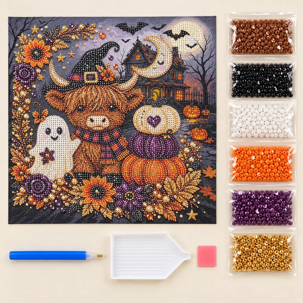 Halloween Highland Cow Haunted House Pearl Diamond Painting Kit kit image