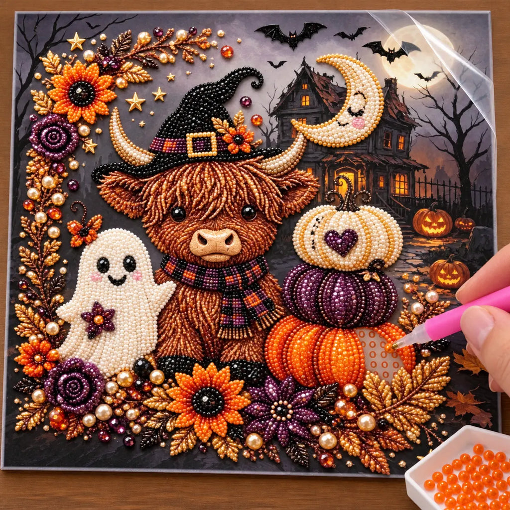 Halloween Highland Cow Haunted House Pearl Diamond Painting Kit process image