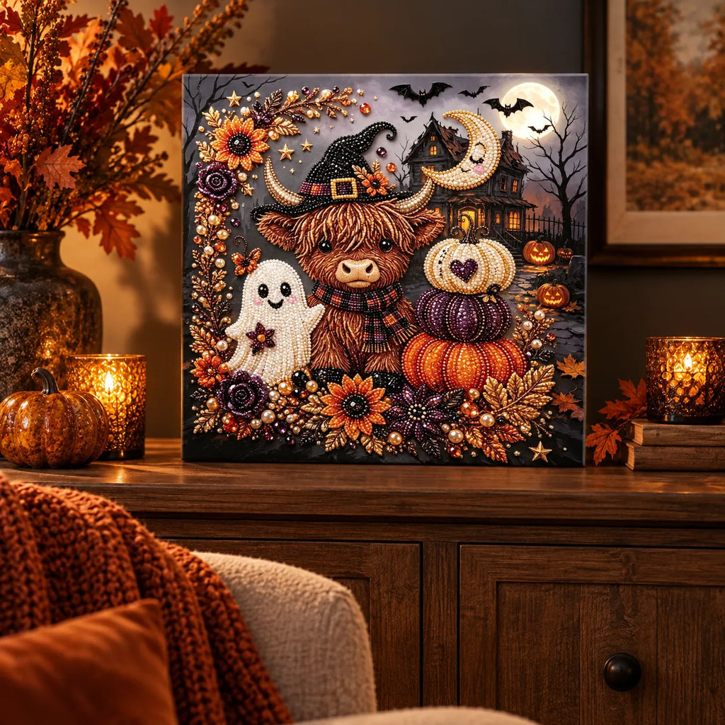 Halloween Highland Cow Haunted House Pearl Diamond Painting Kit room image