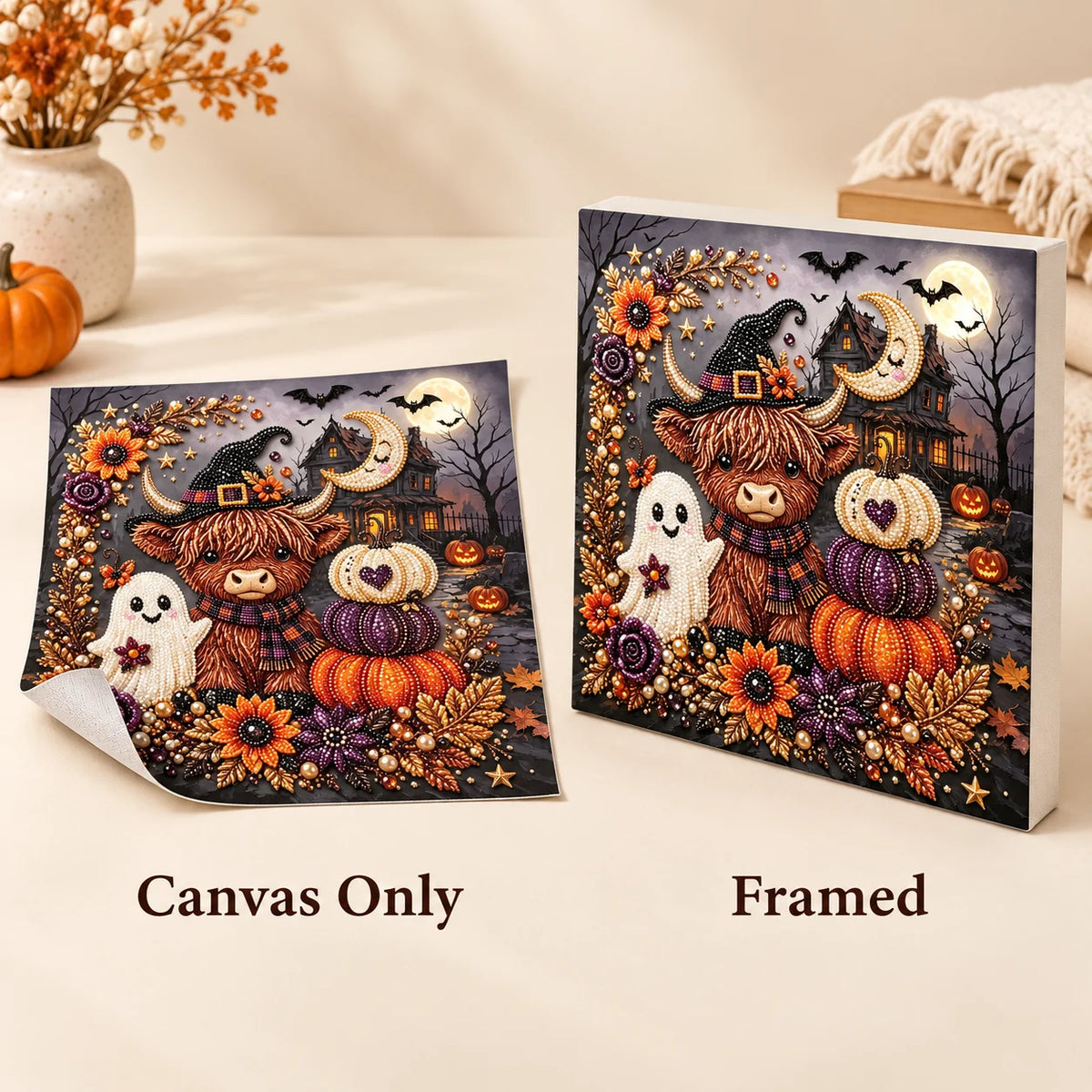 Halloween Highland Cow Haunted House Pearl Diamond Painting Kit style image