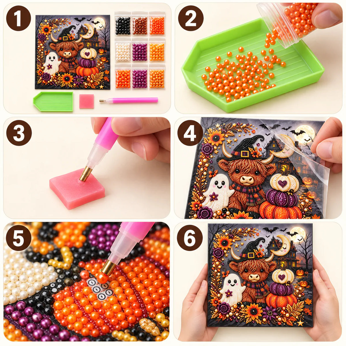 Halloween Highland Cow Haunted House Pearl Diamond Painting Kit tutorial image