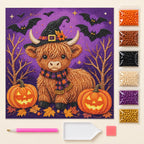 Halloween Highland Cow and Pumpkins Pearl Diamond Painting Kit kit image