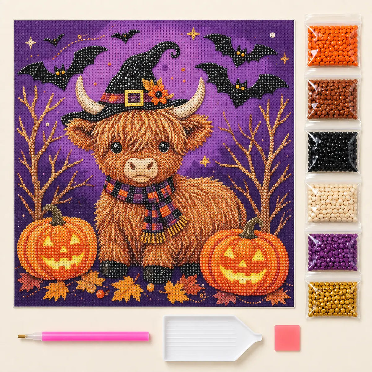 Halloween Highland Cow and Pumpkins Pearl Diamond Painting Kit kit image