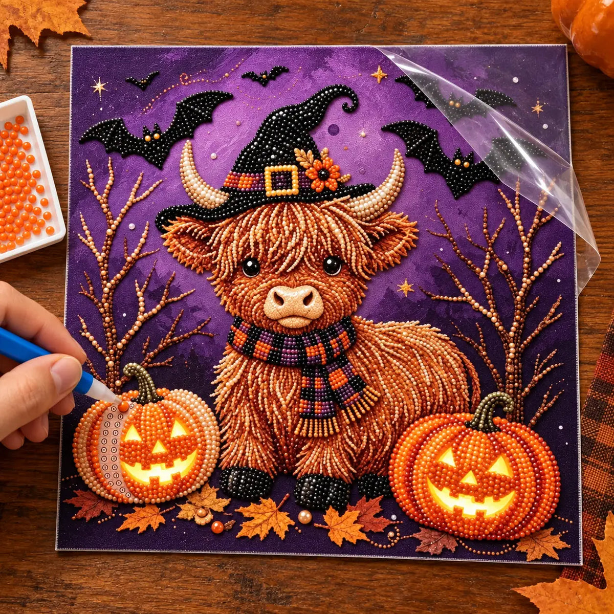 Halloween Highland Cow and Pumpkins Pearl Diamond Painting Kit process image
