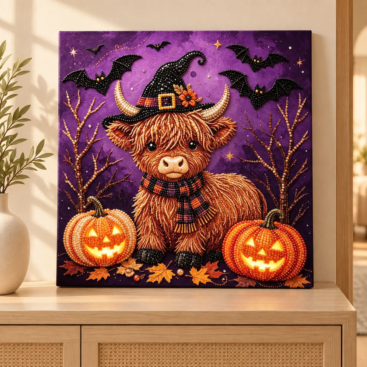 Halloween Highland Cow and Pumpkins Pearl Diamond Painting Kit room image