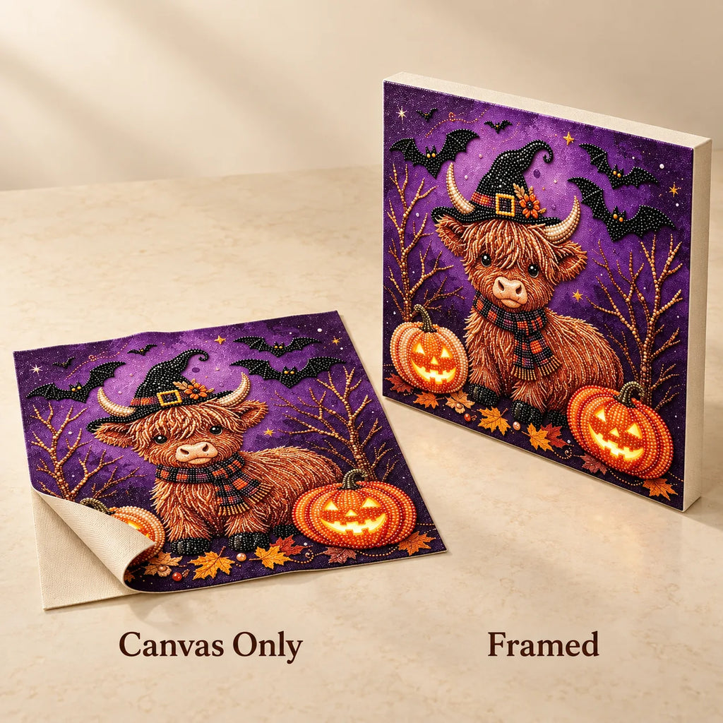 Halloween Highland Cow and Pumpkins Pearl Diamond Painting Kit style image