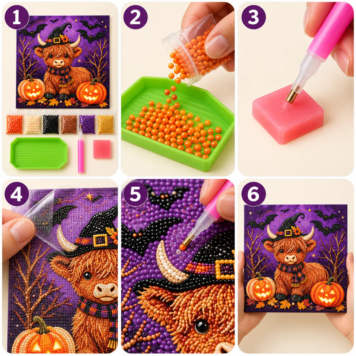 Halloween Highland Cow and Pumpkins Pearl Diamond Painting Kit tutorial image