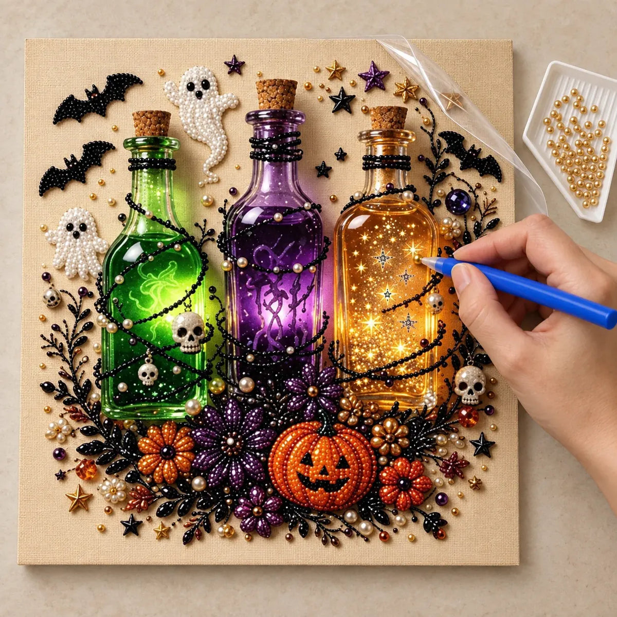 Halloween Potion Bottles Pearl Diamond Painting Kit process image