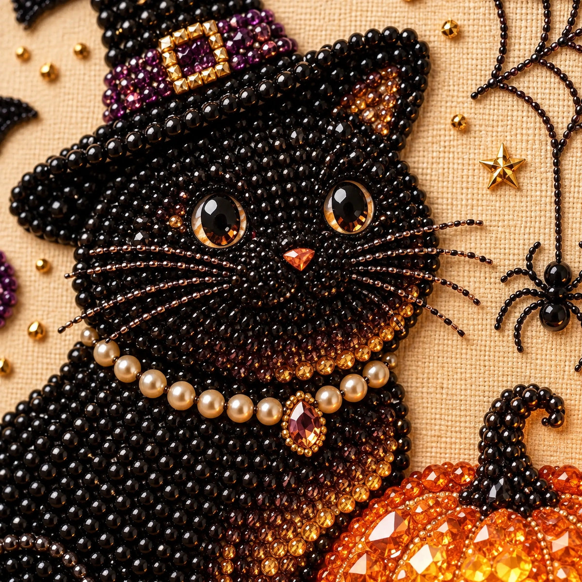 Halloween Witch Cat and Pumpkin Pearl Diamond Painting detail