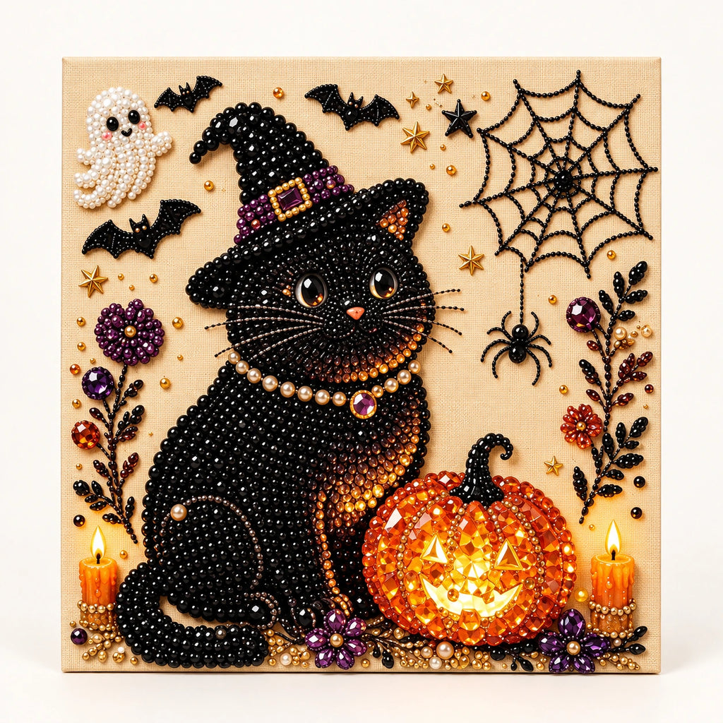 Halloween Witch Cat and Pumpkin Pearl Diamond Painting hero