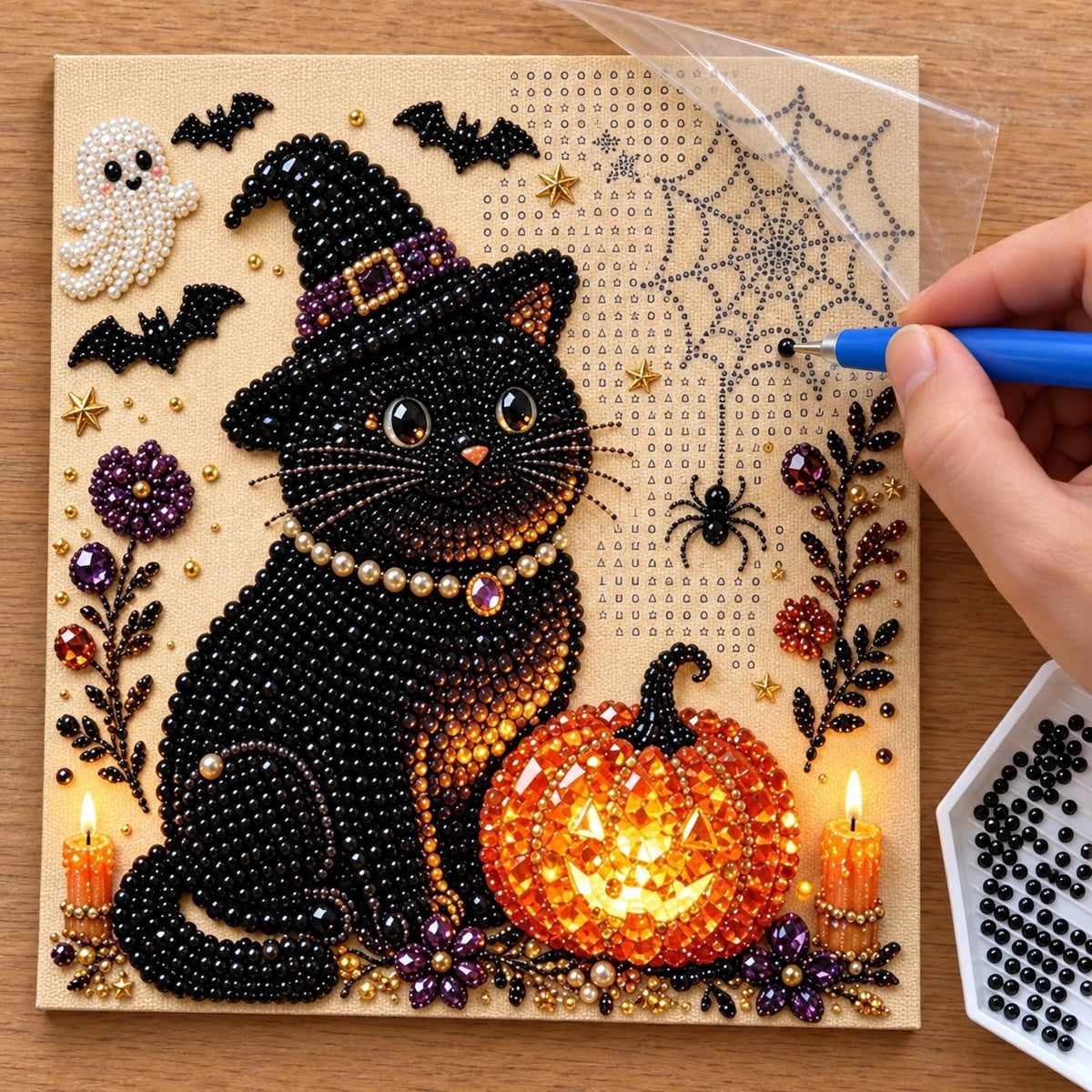 Halloween Witch Cat and Pumpkin Pearl Diamond Painting process