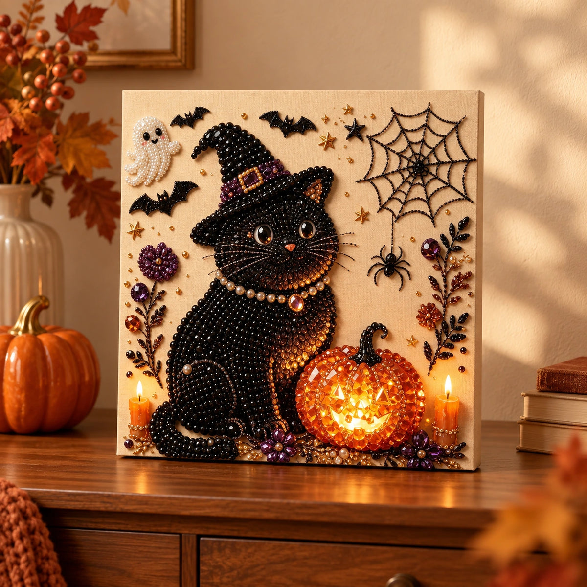 Halloween Witch Cat and Pumpkin Pearl Diamond Painting room