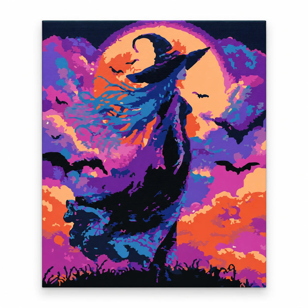 Halloween Witch Under Full Moon paint by numbers artwork on a front-facing canvas against a white background