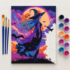 Complete Halloween Witch Under Full Moon numbered canvas being painted with acrylic paints and brushes