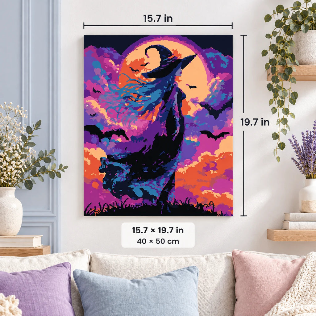 Halloween Witch Under Full Moon shown in a styled room with 15.7 × 19.7 in and 40 × 50 cm dimensions