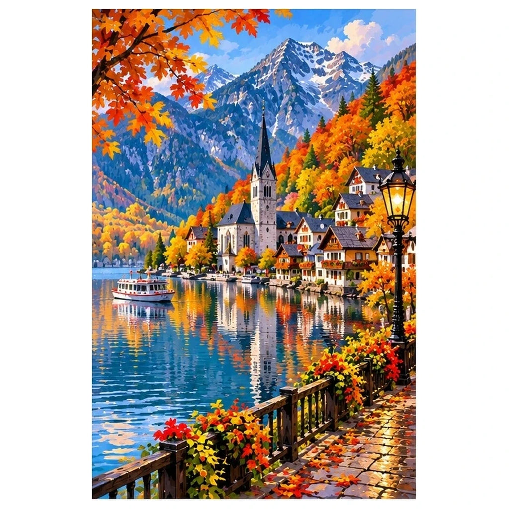 Hallstatt Austria Autumn Lake original artwork on white