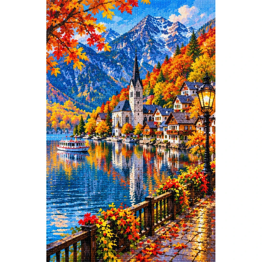 Hallstatt Austria Autumn Lake finished diamond painting on white